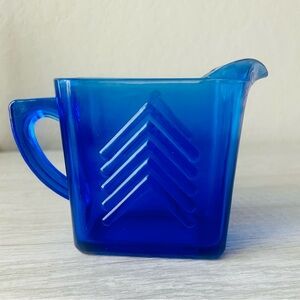 Vintage Hazel Atlas Cobalt Blue Depression Glass Creamer Chevron Vase Home Decor